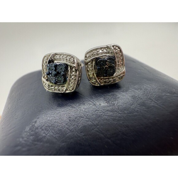 Signed JWBR 925 Sterling Silver Stud Earrings With White & Blue Diamonds New - Picture 3 of 13